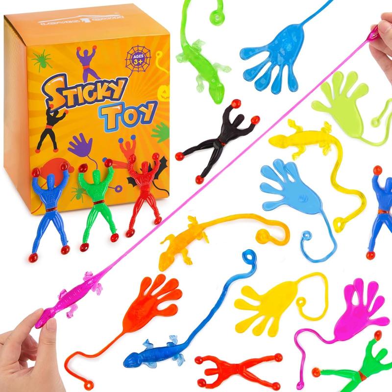 LovesTown 48PCS Sticky Toys for Kids, Stretchy Sticky Toys Including 16PCS Sticky Wall Climbers 16PCS Sticky Hands 16PCS Stretchy Lizards for Kids Goodie Bag Stuffers Treasure Box Classroom Prize