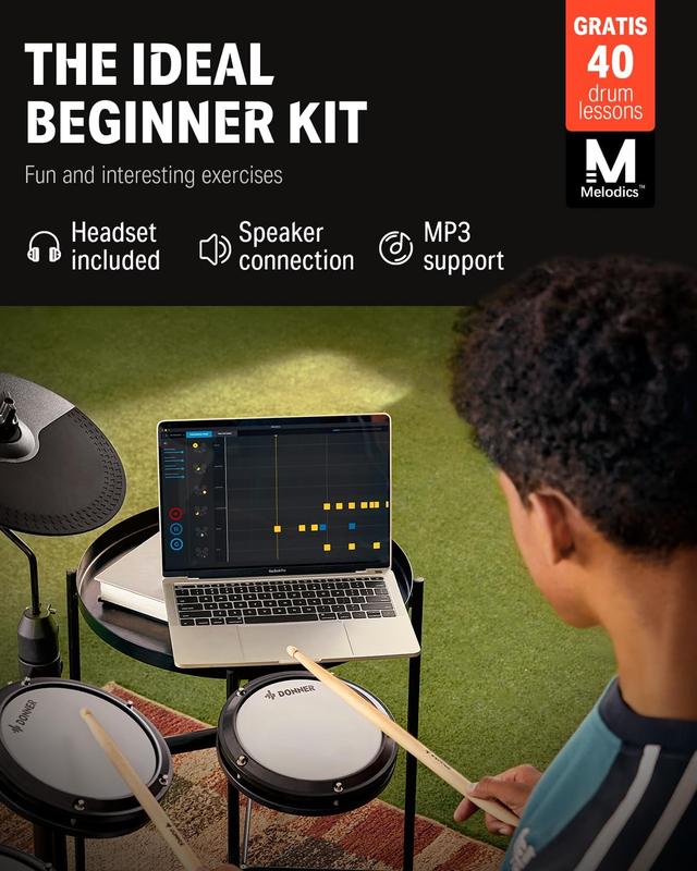 DED-80 Electronic Drum Set with 4 Quiet Mesh Pads, 180+ Sounds, 2 Pedals, Throne, Headphones, Sticks, and Melodics Lessons - LEVENTPRO