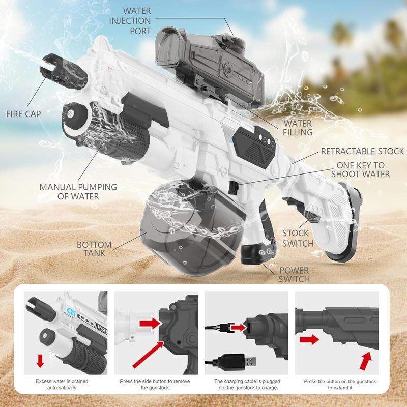 Electric Water Gun, Automatic Water Gun Powerful Full Auto Water Guns High Capacity with Tank and Water Bottles Can be Added 30 Feet Long Range Squirt Guns for Adults and Kids (White)