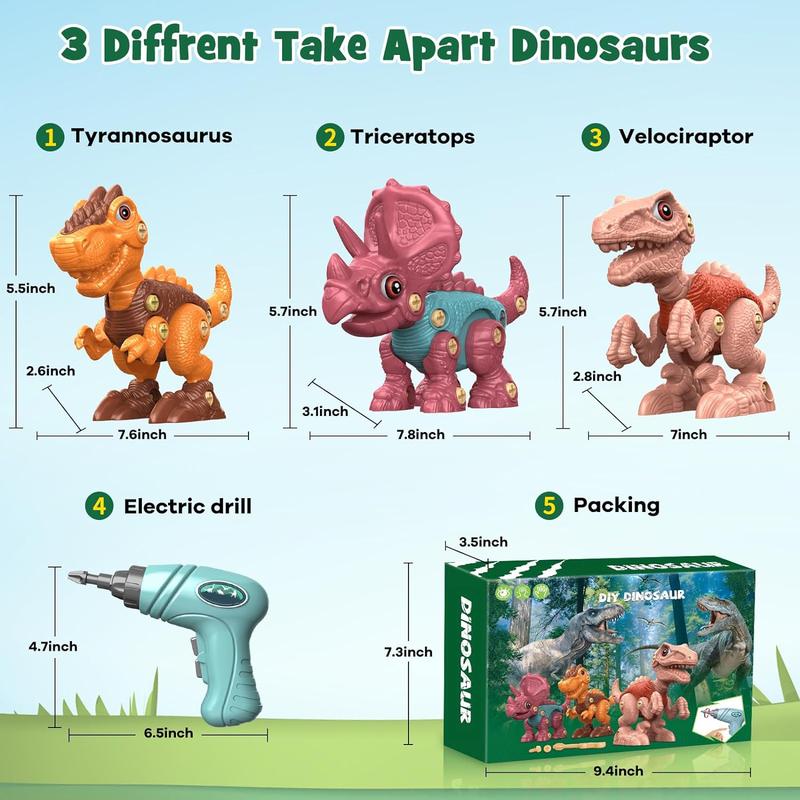 Christmas 2024 Gifts for Kids 3 Dinosaur Animal Toys Gift for Kids Take Apart STEM Kid,Construction Building Kid Toys with Electric Drill, Party Christmas Birthday Gifts for Boys Girls Jumbo Realistic Dinosaur Toy Set