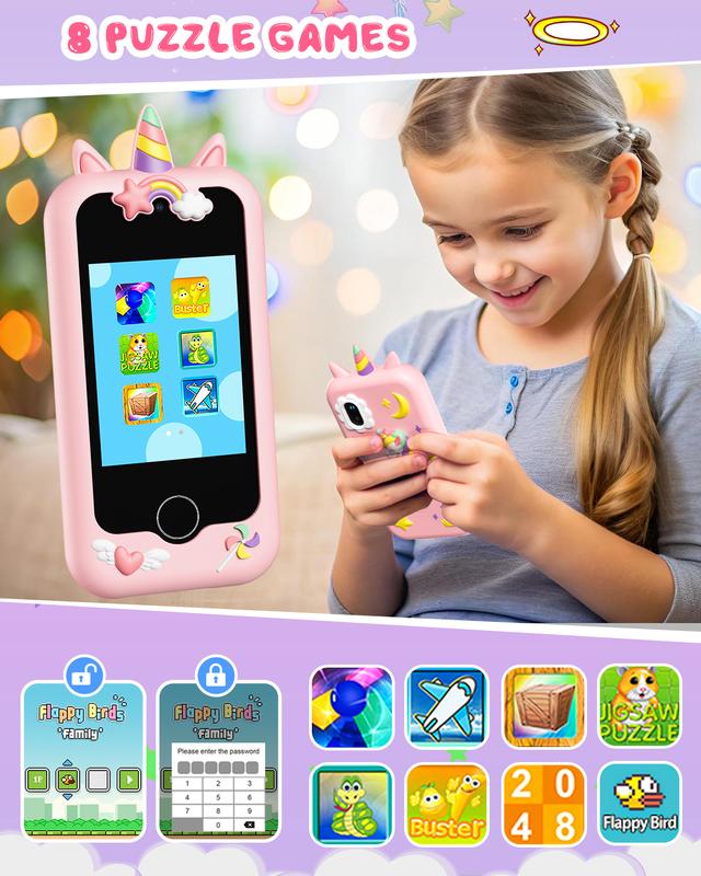 Upgraded Kids Smart Phone, Toddler Touchscreen Learning Toy for 3-8 Years Old Boys Girls, Fake Play Phone with Dual Camera Puzzle Games Music Player for Christmas Birthday Gifts,Pink