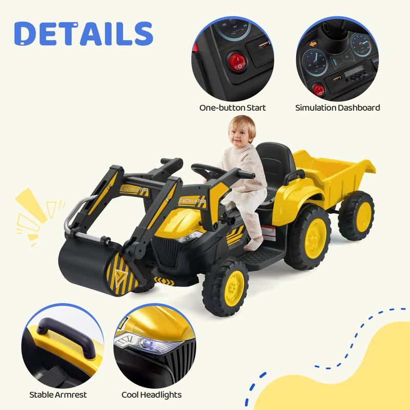 EROMMY 12V Ride-On Excavator & Bulldozer, Dual Mode with Parental Remote, Toy cars, Toy Vehicle with LED Lights, Music, Safety Belt, All-Terrain Wheels – Red, Yellow, Blue, Green