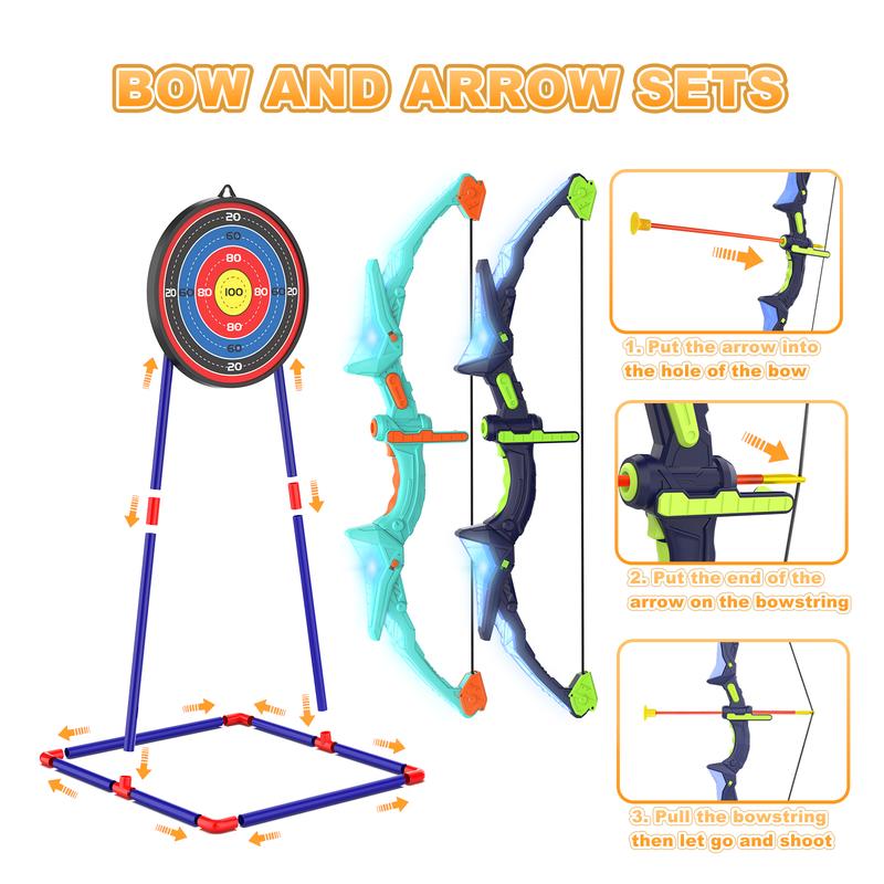 2 Pack Kids Bow and Arrow Set with LED Flash Lights, 14 Suction Cup Arrows and Fluorescence Standing Target-Perfect Indoor and Outdoor Archery Set Toy Gift for Boys and Girls Ages 4-12