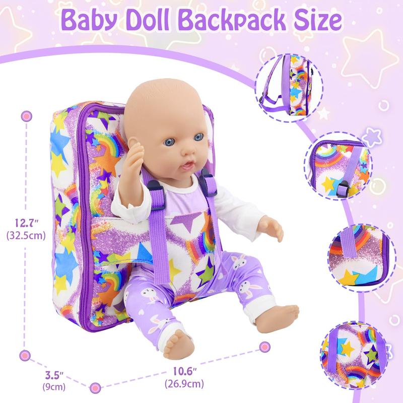 American 18 Inch Doll Backpack Carrier and Clothes, Baby Doll Playset for 17 Inch Doll with Doll Backpack Carrier Bag, Doll Clothes Sets and Accessories for 16 Inch Baby Doll (No Doll)