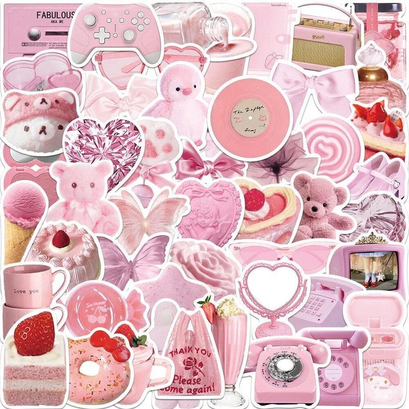 Cute Accessories Pink Series Graffiti Sticker, 50pcs Waterproof Self Adhesive Decal, DIY Creative Paster for Gifts Bottle Scrapbook Phone Case Guitar