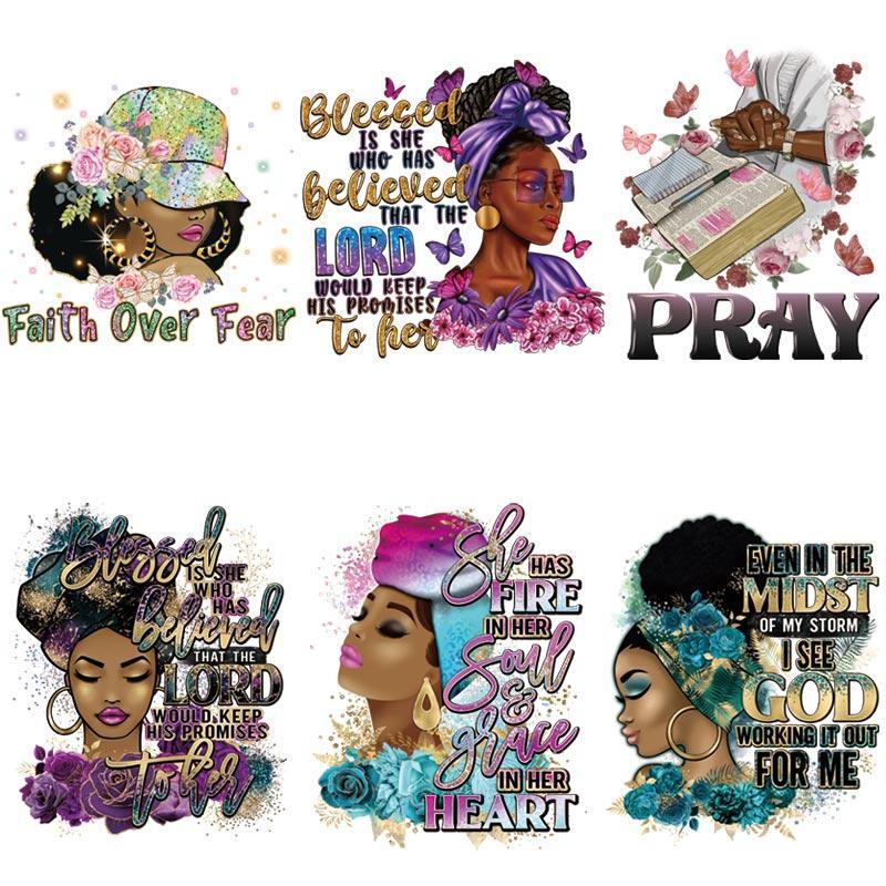 Beautiful Black Girl Pattern Iron On Transfer Heat Press Sticker, 6 Counts set DIY Heat Transfer Sticker For T-shirt Hoodie Hat, Specialty DIY Supplies