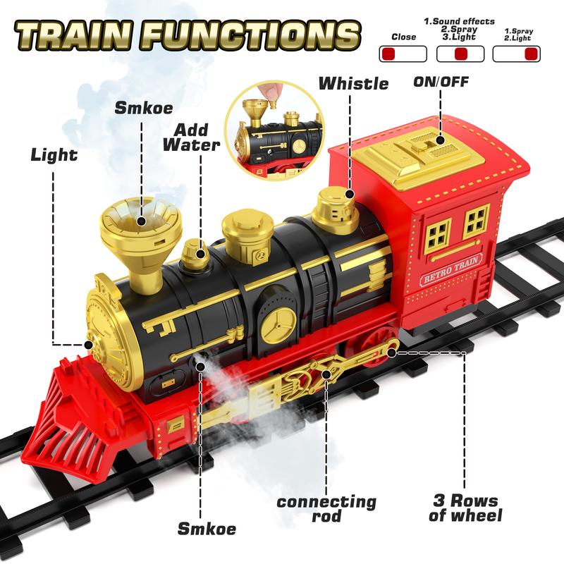 Christmas Train Set - Train Toys for Boys w  Smokes, Lights & Sound, Toy Train w Steam Locomotive, Cargo Car and Long Track, Train Carriages & Tracks, Kids Model Trains, Birthday Gifts Festival Home Decoration Christmas