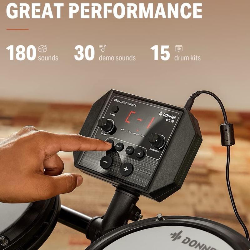 Donner DED-80 Electric Drum Kit, Electronic Drum Sets for Beginner with 4 Quiet Mesh Drum Pads, 2 Switch Pedal, 180+ Sounds, Throne, On-Ear Headphones, Sticks, and Melodics Lessons Included Black