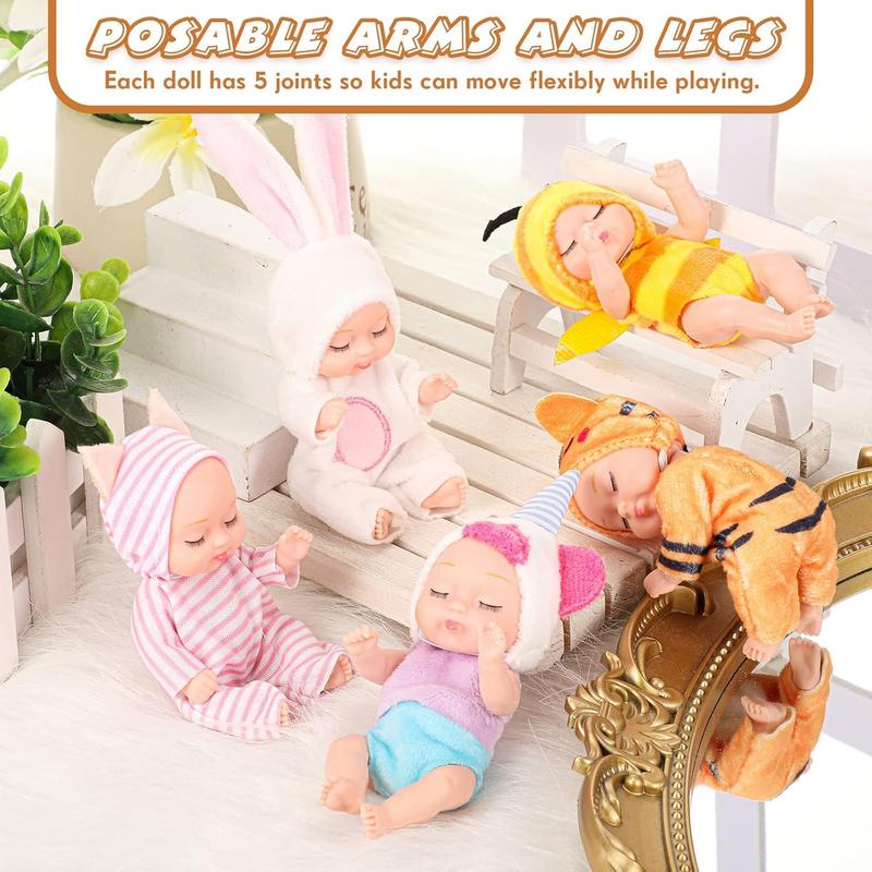 [IN STOCK] 10 Pcs 4 Inch Mini Baby Dolls Lifelike Realistic Baby Dolls Tiny Babies with Animal Clothes Cute Baby Doll Gifts Set for Toddlers Girls Kids 3+ Graduation Baby Shower Birthday(Lovely Style)