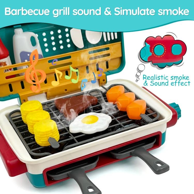 Cooking Toy Kids BBQ Grill Playset – Interactive Barbecue Kitchen Toy with Realistic Lights, Sounds, Spray Effects & Color-Changing Food for Children,Water Cups Pink Green