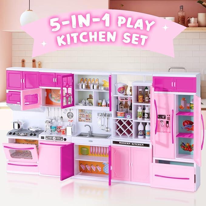 56 pcs Girls Dolls Mini Kitchen Pretend Toys, Dolls with Realistic Lights and Sounds, Best Christmas Gifts for Kids