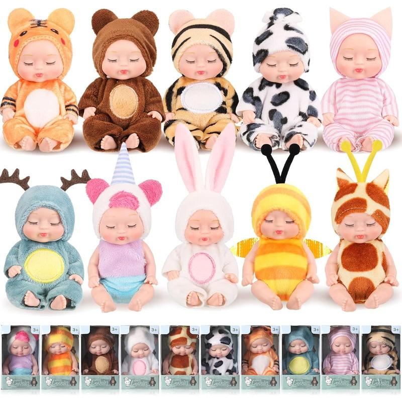 [IN STOCK] 10 Pcs 4 Inch Mini Baby Dolls Lifelike Realistic Baby Dolls Tiny Babies with Animal Clothes Cute Baby Doll Gifts Set for Toddlers Girls Kids 3+ Graduation Baby Shower Birthday(Lovely Style)