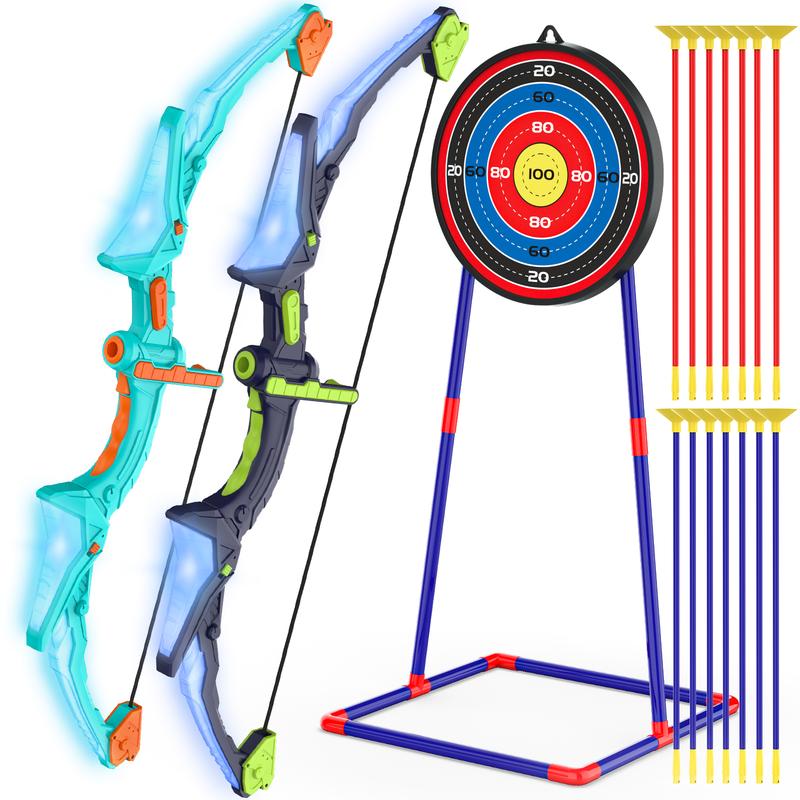 2 Pack Kids Bow and Arrow Set with LED Flash Lights, 14 Suction Cup Arrows and Fluorescence Standing Target-Perfect Indoor and Outdoor Archery Set Toy Gift for Boys and Girls Ages 4-12