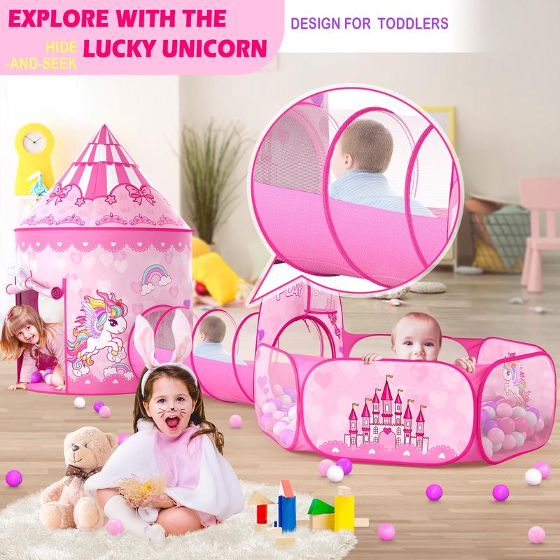 Sumbababy Princess Castle Kids Play Tent crawl tunnel for Girls Toys Pink Ball Pit Tent  with Pop-up Tunnel Indoor Outdoor Playhouse（without balls）