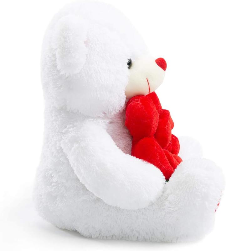 Teddy Bear Stuffed Animals Plush Bear Holding Rose Soft Plush Toy Valentine's Day, 16 Inch, White