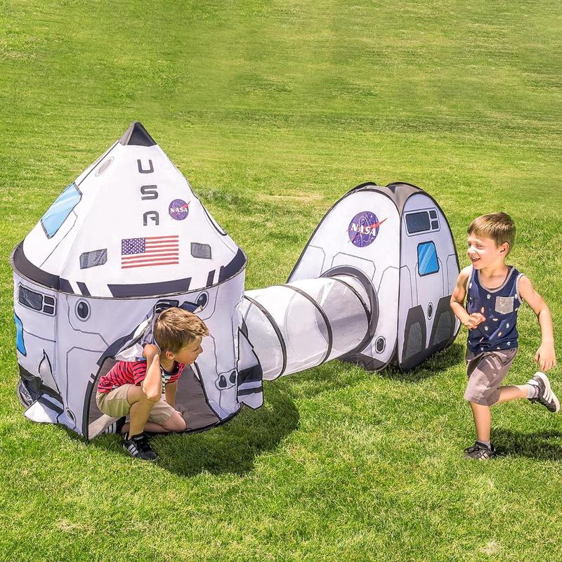 Christmas 2024 Gifts White Rocket Ship Pop up Play Tent with Tunnel and Playhouse Indoor Outdoor Spaceship Tent Set