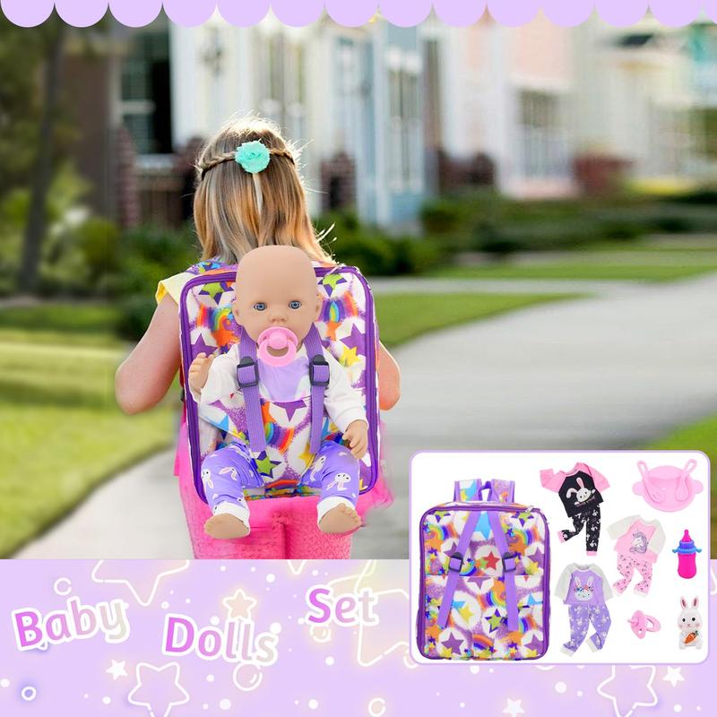 American 18 Inch Doll Backpack Carrier and Clothes, Baby Doll Playset for 17 Inch Doll with Doll Backpack Carrier Bag, Doll Clothes Sets and Accessories for 16 Inch Baby Doll (No Doll)