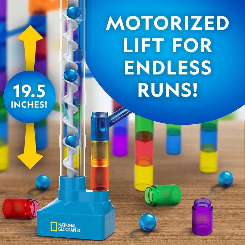 National Geographic Marble Run with Motorized Elevator - 95-Piece Marble Maze Kit with Motorized Spiral Lift, 20 Marbles, Storage Bag & More, Perpetual Motion Machine, Marble Game, Kids Physics Toys