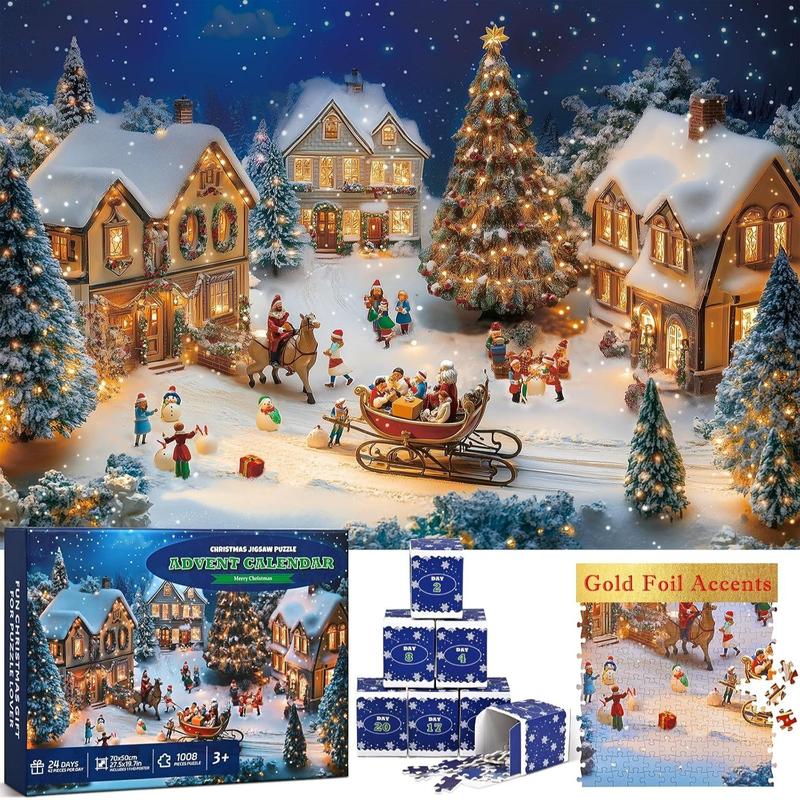 Advent Calendar 2024 Foil Puzzle 1008 Pieces Holiday Jigsaw Puzzles  24 Days Christmas Countdown Calendar with Puzzle Mat, Glue for Adults, Family Game Xmas Gifts Home Decor