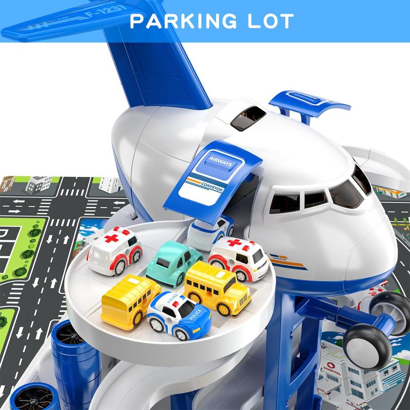 Christmas GiftAirplane Toys Race Track Car Toys  - Transport Plane Adventure Car Toys for with 8 City Cars, Garage Parking Lot Playmat, Birthday Gift