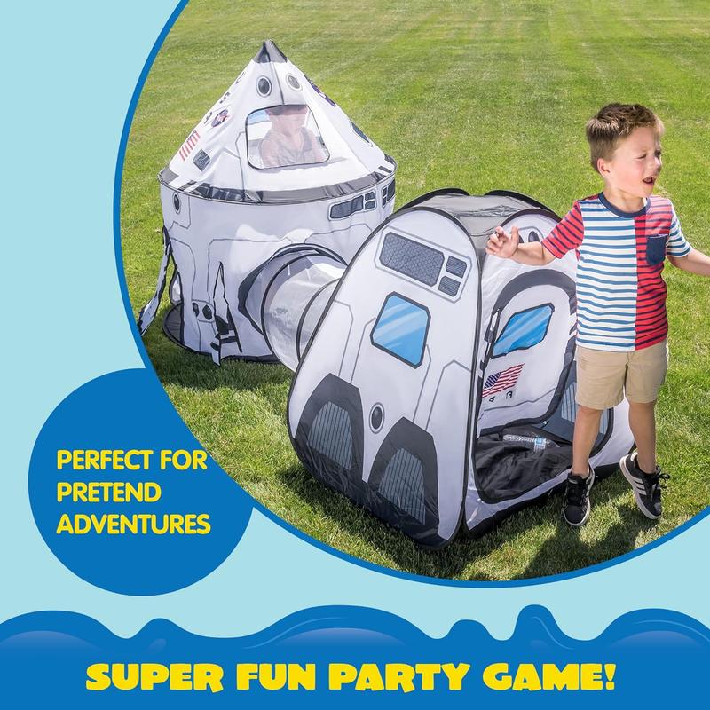 Christmas 2024 Gifts White Rocket Ship Pop up Play Tent with Tunnel and Playhouse Indoor Outdoor Spaceship Tent Set