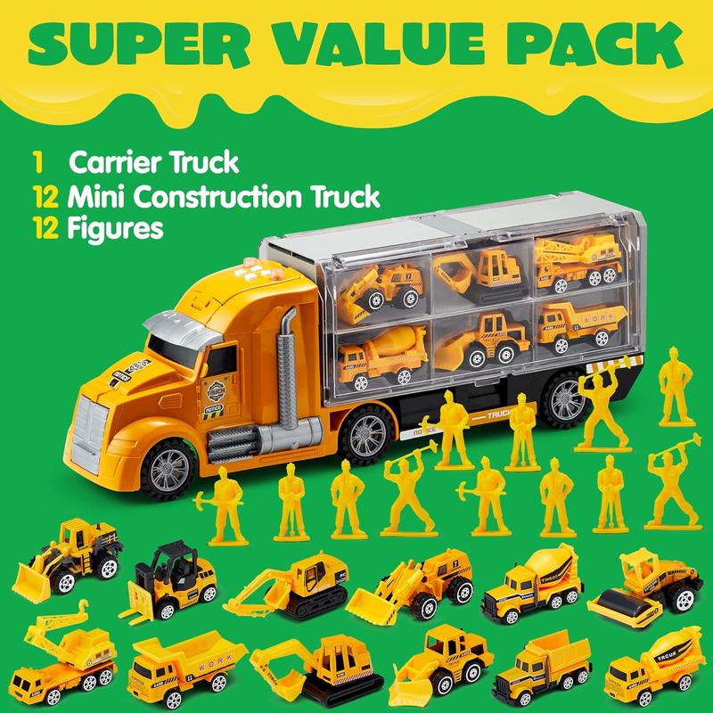  25 in 1 Construction Truck Vehicle Toy Set, Play Vehicles Set with Sounds and Lights in Carrier Truck, Push and Go Vehicle Car Toy, Kids Birthday Gifts for Over 3 Years Old Boys