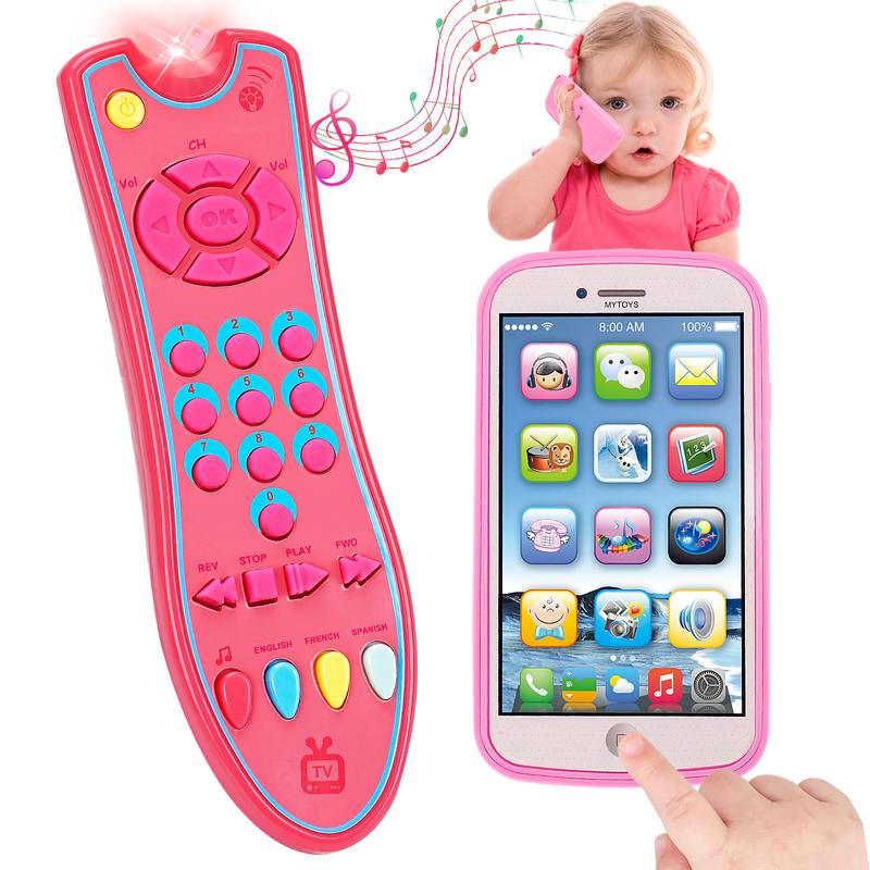 2PCS Toddler Fake Cell Phone & TV Remote Toys with Light and Sound Musical Learning Toys for Boys Girls Sensory Developmental Toys for Toddlers Christmas Birthday Gifts