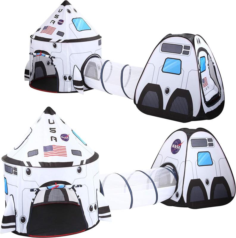 Christmas 2024 Gifts White Rocket Ship Pop up Play Tent with Tunnel and Playhouse Indoor Outdoor Spaceship Tent Set