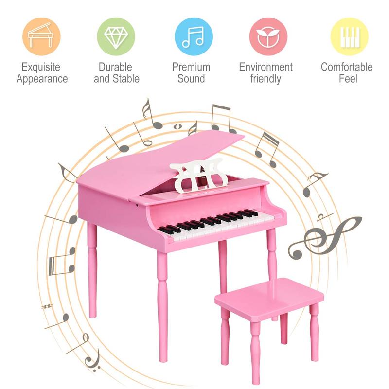 Costzon Classical Kids Piano, 30 Keys Wood Toy Grand Piano with Music Stand and Bench, Mini Musical Toy for Child, Ideal for Children's Room, Toy Room