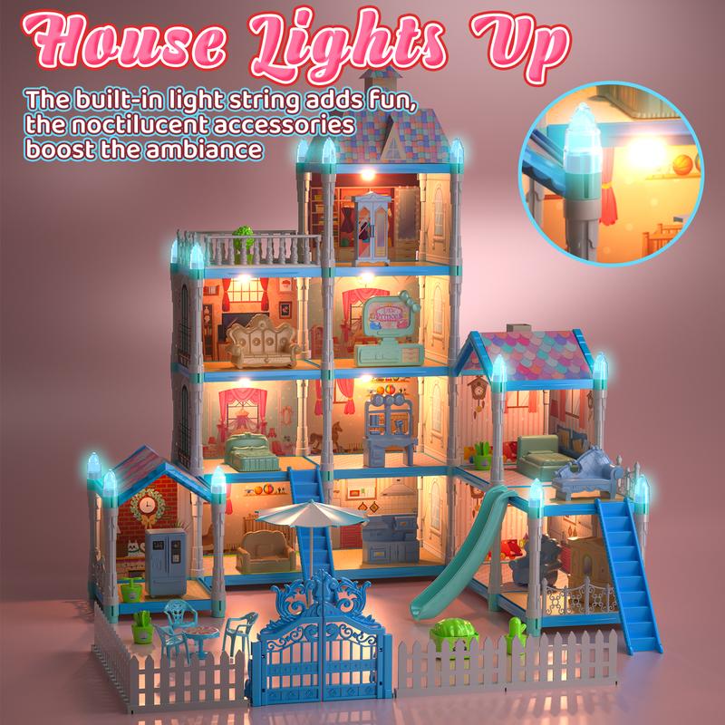 Dollhouse for Girls, 11 Rooms Huge Doll House with LED Lights, Noctilucent, 1 Doll, 2 Dogs, Furnitures, Pretend Play Toys for Girls, Best Birthdays Christmas Gift for Girls