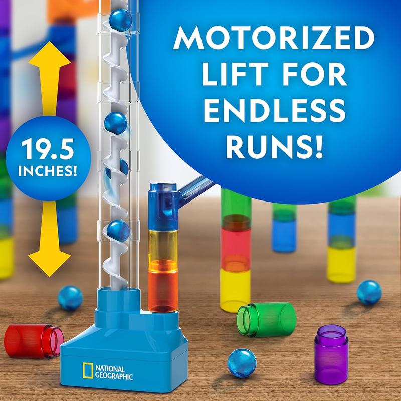 National Geographic Marble Run with Motorized Elevator - 95-Piece Marble Maze Kit with Motorized Spiral Lift, 20 Marbles, Storage Bag & More, Perpetual Motion Machine, Marble Game, Kids Physics Toys