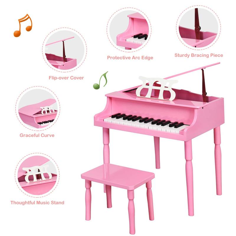 Costzon Classical Kids Piano, 30 Keys Wood Toy Grand Piano with Music Stand and Bench, Mini Musical Toy for Child, Ideal for Children's Room, Toy Room