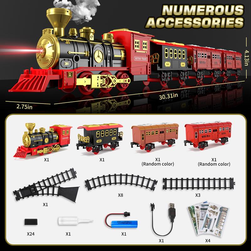 Christmas Train Set - Train Toys for Boys w  Smokes, Lights & Sound, Toy Train w Steam Locomotive, Cargo Car and Long Track, Train Carriages & Tracks, Kids Model Trains, Birthday Gifts Festival Home Decoration Christmas