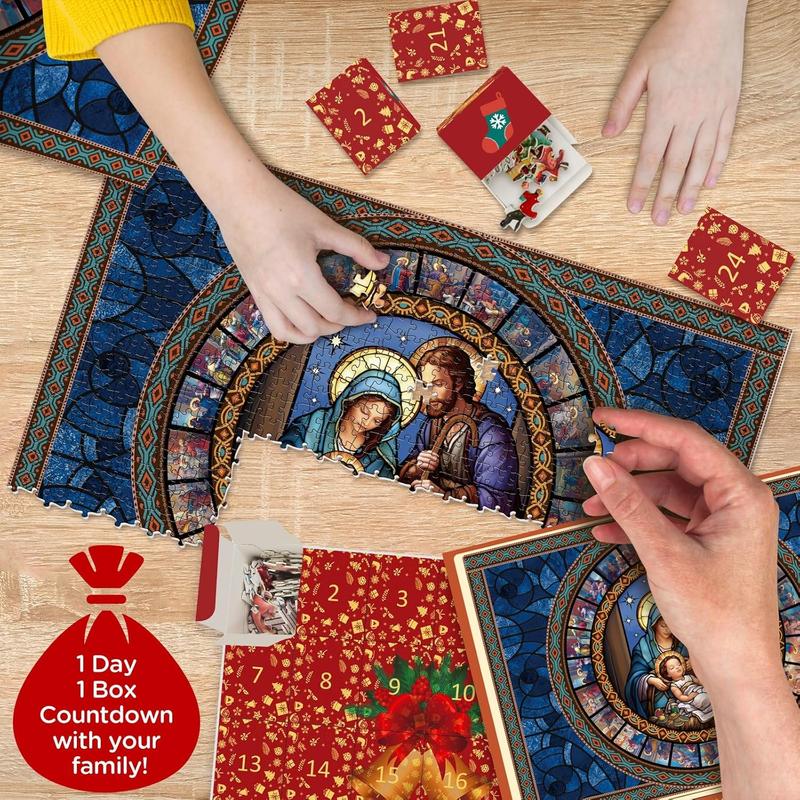 Nativity Scene Jigsaw Puzzle Advent Calendar Puzzles for Adults 1000 Pieces, Christmas Countdown Jigsaw Puzzles, Stained Glass Religous Puzzle Jesus Christian Puzzles for Home Decor