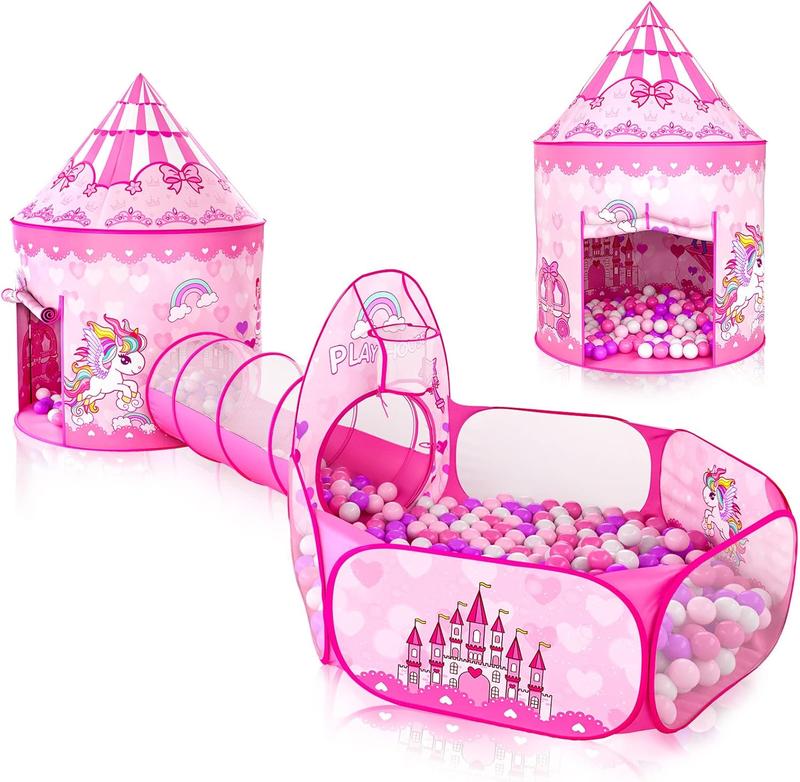 Sumbababy Princess Castle Kids Play Tent crawl tunnel for Girls Toys Pink Ball Pit Tent  with Pop-up Tunnel Indoor Outdoor Playhouse（without balls）