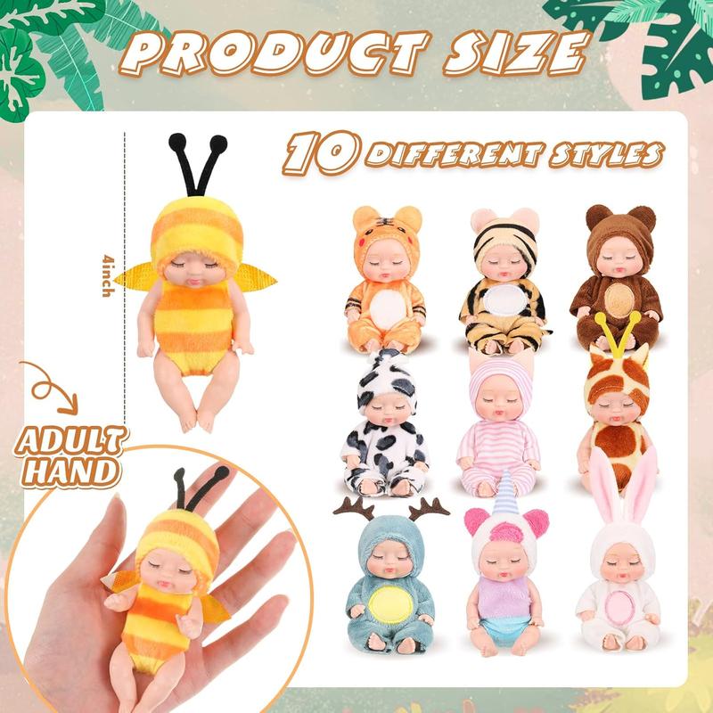 [IN STOCK] 10 Pcs 4 Inch Mini Baby Dolls Lifelike Realistic Baby Dolls Tiny Babies with Animal Clothes Cute Baby Doll Gifts Set for Toddlers Girls Kids 3+ Graduation Baby Shower Birthday(Lovely Style)