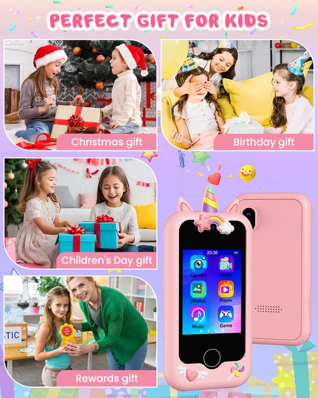 Upgraded Kids Smart Phone, Toddler Touchscreen Learning Toy for 3-8 Years Old Boys Girls, Fake Play Phone with Dual Camera Puzzle Games Music Player for Christmas Birthday Gifts,Pink