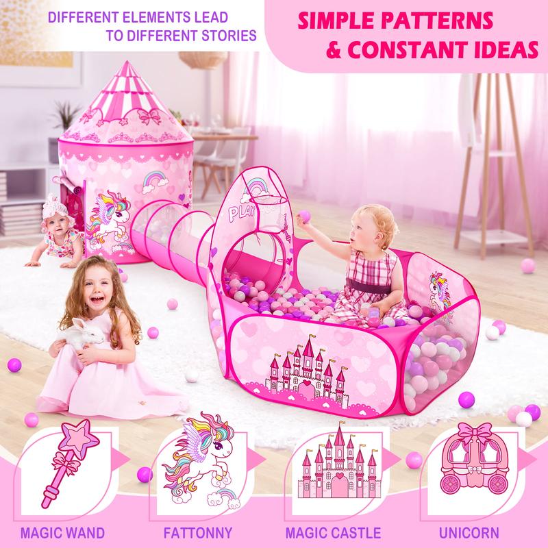 Sumbababy Princess Castle Kids Play Tent crawl tunnel for Girls Toys Pink Ball Pit Tent  with Pop-up Tunnel Indoor Outdoor Playhouse（without balls）