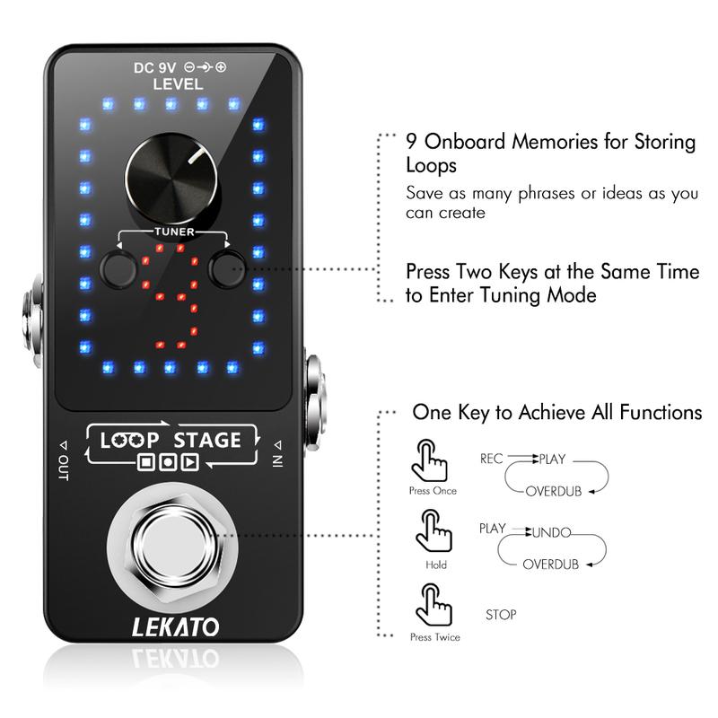 LEKATO 9 Loops 40 minutes Record Time, Guitar Pedal Effect Looper, w  9V Power Supply Adapter + USB Cable Set, Electric Guitar Bass Loop Station Kit Tuner Function, Music Lover Boy Girl Friend Gift