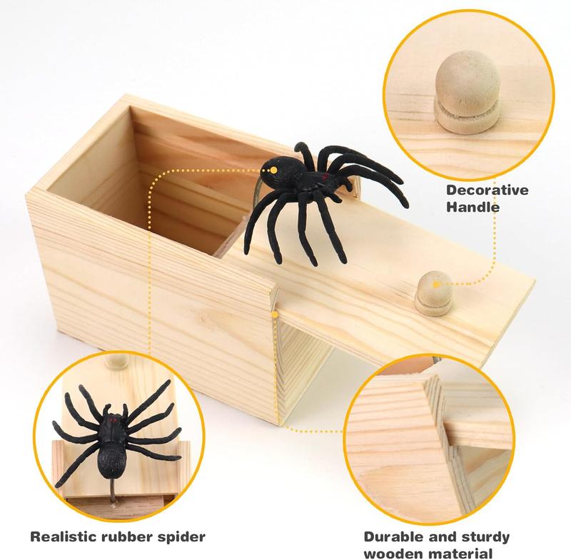 Wooden Spider Prank Box, Rubber Spider Hidden in A Box Fun Prank Handicraft, Original Spider Trick Box, Christmas, April Fool or Birthday Surprise Toy Practical Gift Joke Toys for Kids Adults