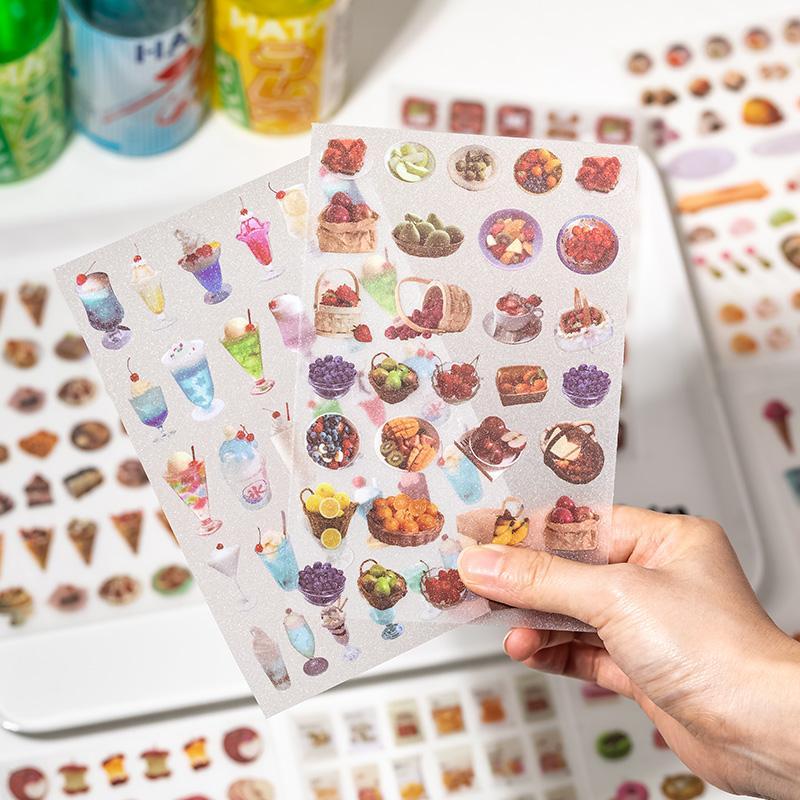 Food & Drink Themed Sticker, 6 Counts set Glitter PET Sticker, DIY Decorative Sticker for Scrapbook & Journal & Diary