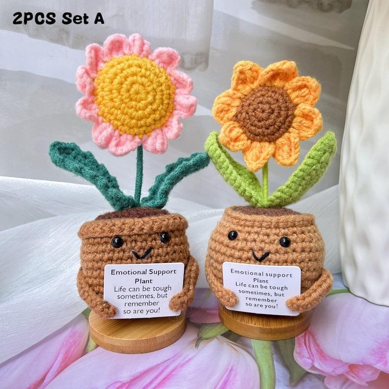 3PCS Emotional Support Gifts-Handmade Crochet Sunflower Daisy Tulip Potted Plants-Mother's Day Gift-Crochet Flower Decor-Encouragement Gifts