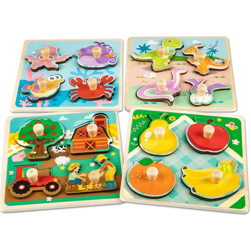 Wooden Toddler Puzzles,  Peg Puzzles Gifts Toys, 4 count Eco Friendly Animal Patterns Jigsaw with Handles, Infant Kid Fine Motor Skill Learning Educational Montessori Puzzles for 1 2 3 Years Old