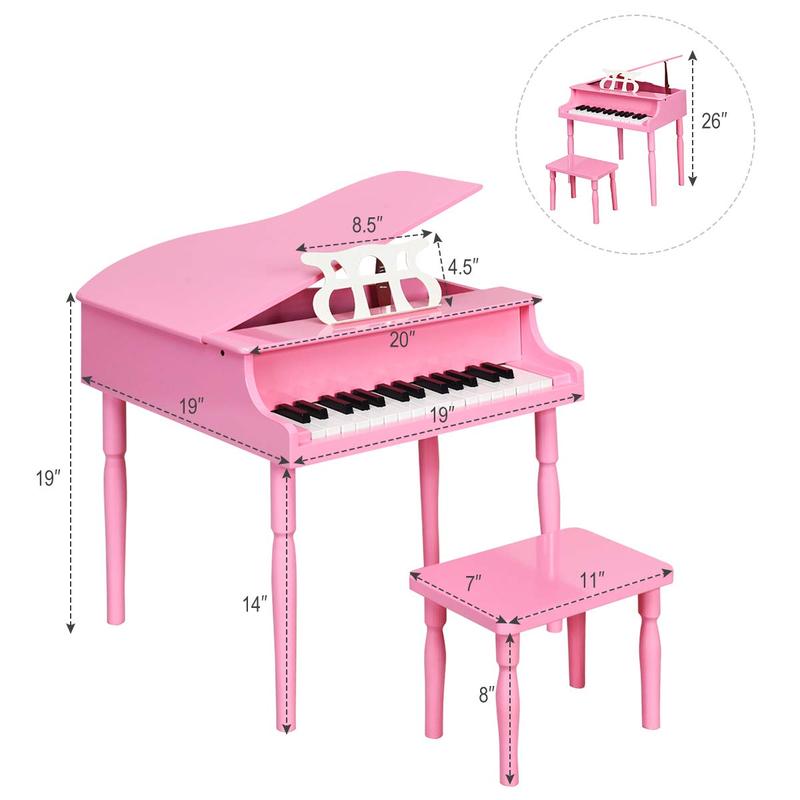 Costzon Classical Kids Piano, 30 Keys Wood Toy Grand Piano with Music Stand and Bench, Mini Musical Toy for Child, Ideal for Children's Room, Toy Room