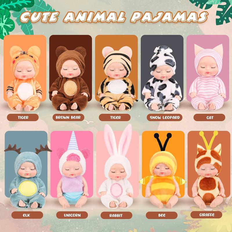 [IN STOCK] 10 Pcs 4 Inch Mini Baby Dolls Lifelike Realistic Baby Dolls Tiny Babies with Animal Clothes Cute Baby Doll Gifts Set for Toddlers Girls Kids 3+ Graduation Baby Shower Birthday(Lovely Style)