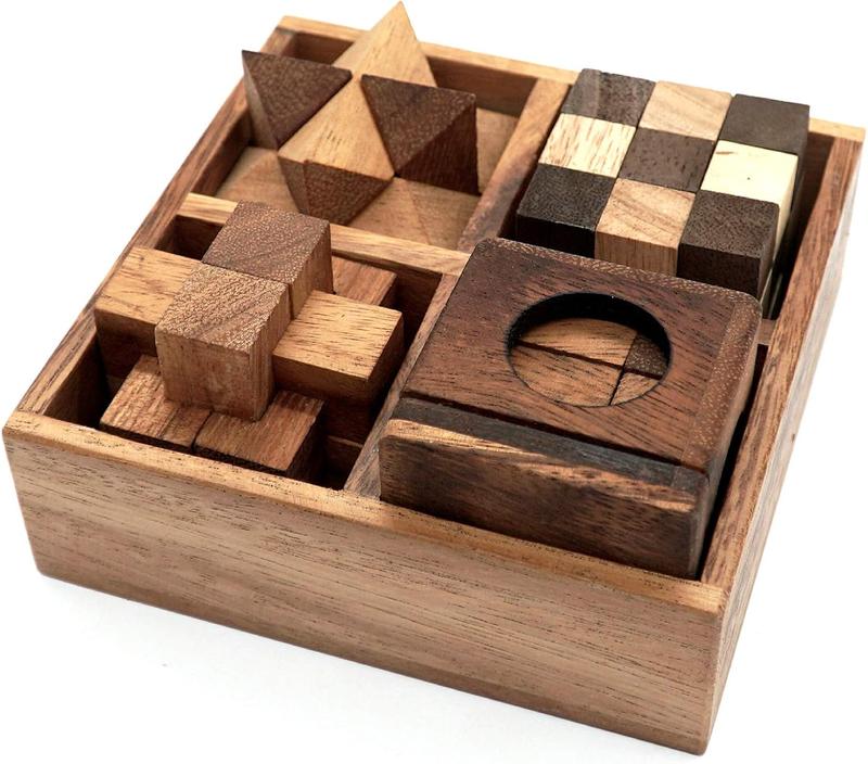 Wooden Puzzle Box Set (4 Games) - Challenging Brain Teasers 3D Puzzles for Adults, Interlocking Games for IQ Test. Ideal for Rustic Patio Decor, Unique Gift for Christmas and Birthdays