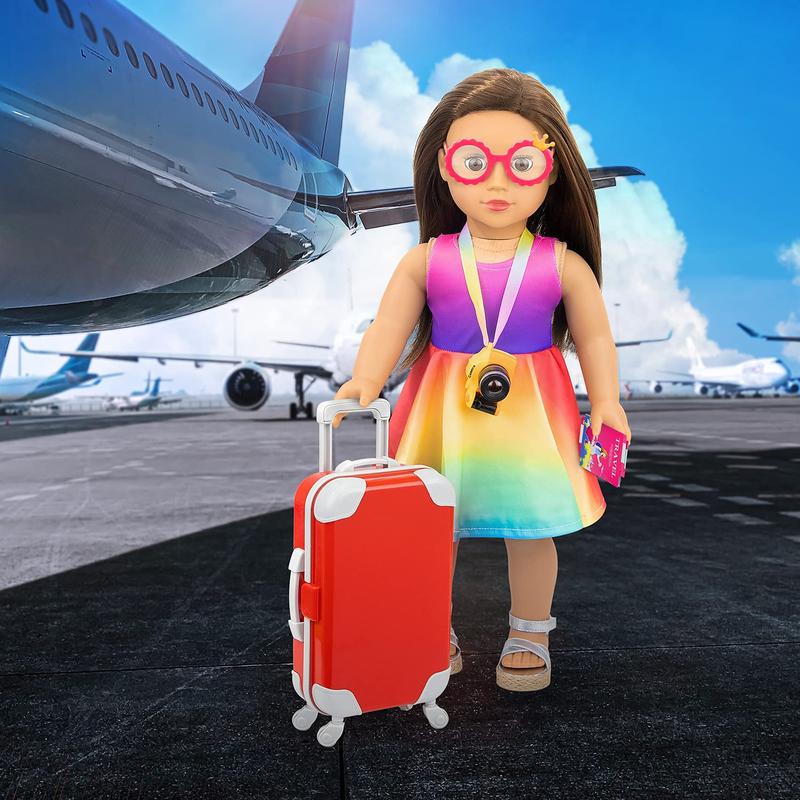 23 PCS 18 Inch Girl Doll Accessories Suitcase Travel Set Including Clothes Suitcase Backpack Camera Pad Cell Phone Neck Pillow Pink Glasses and Other Travel Set（No Doll）