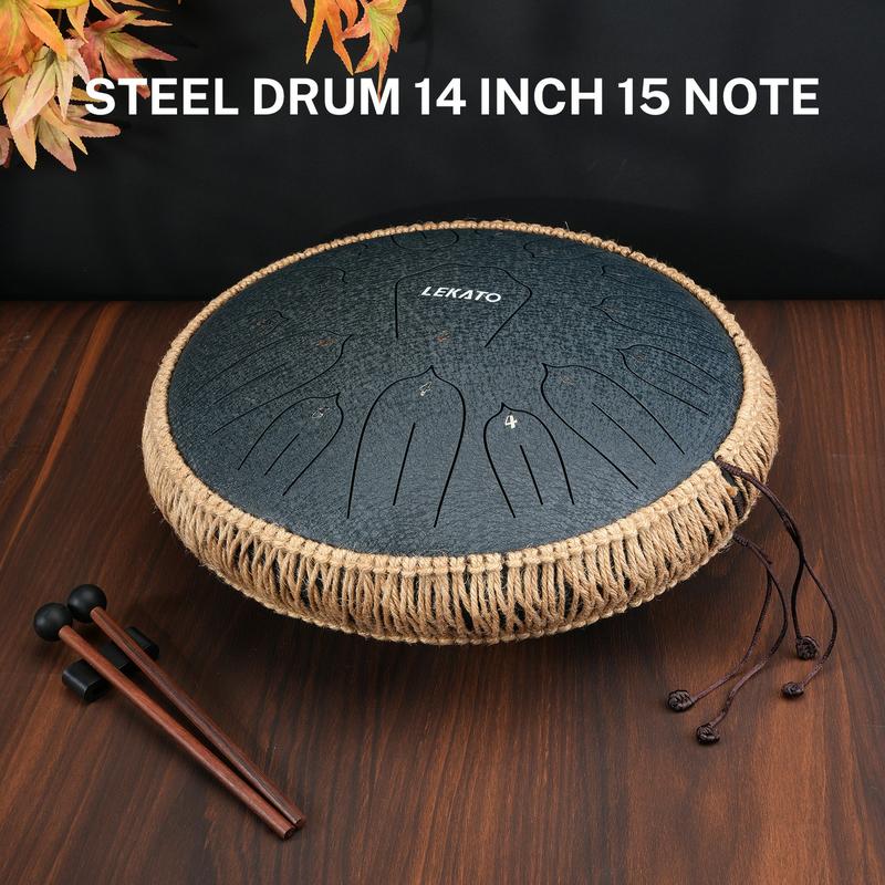 LEKATO Steel Tongue Drum 14 Inch 15 Notes Steel Drum C Key Beginner Professional Handpan Drum Percussion for Meditation Yoga Musical Education, Best Gift for Familes Friends