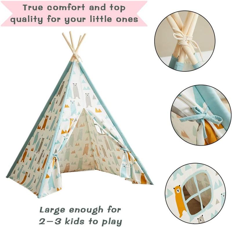 Teepee Tent for Kids,Cotton Canvas Teepee Play Tent for Children Indoor and Outdoor Games Little Bear