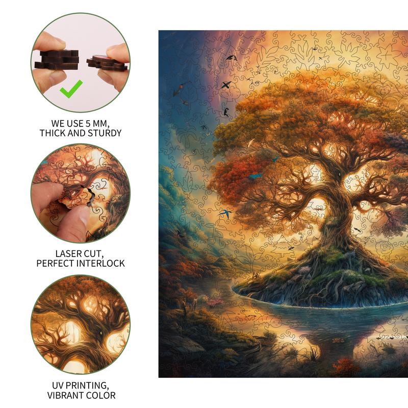 Tree of Life Shadow Mys Aurora Wooden Jigsaw Puzzle for Kids and Adults 200 500 Pcs Unique Shape Nice Box Packing Fun Challenging Brain Exercise Family Game Creative Gift for Friends Parents Grandparents Brainstorm